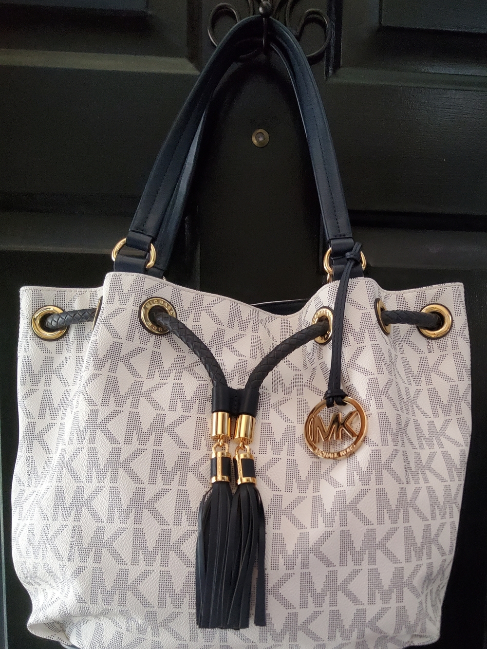 Michael Kors White & Navy Logo Drawstring Tote